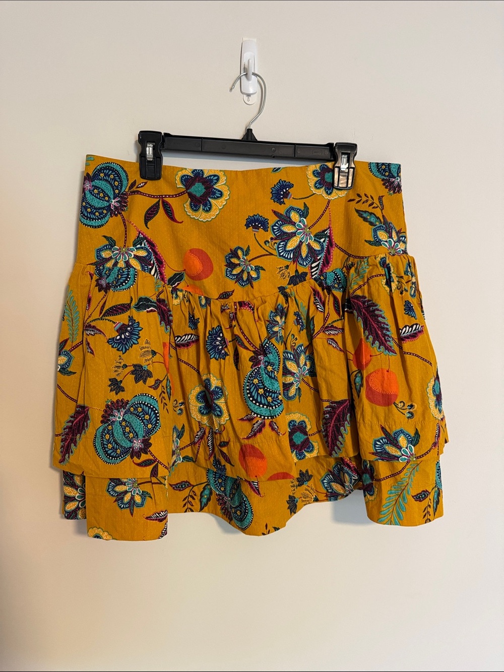 Anthropologie Mustard Floral Tiered Skater Skirt with Teal Accents